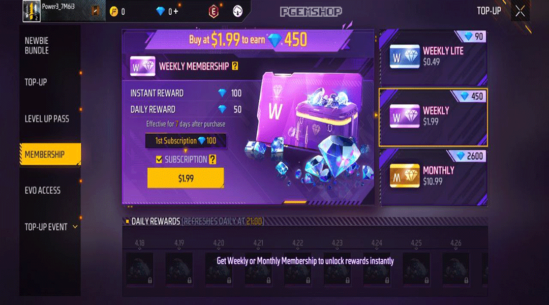 کارت هفتگی فری فایر (Weekly Membership) 