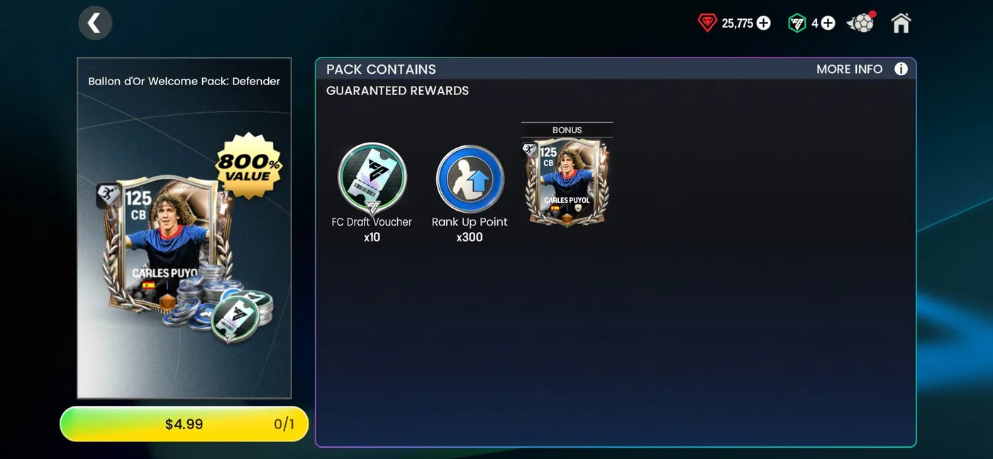 محتویات Ballon d'Or Welcome Pack Defender اف سی موبایل: ۱۰ ووچر درفت و ۳۰۰ رنک آپ