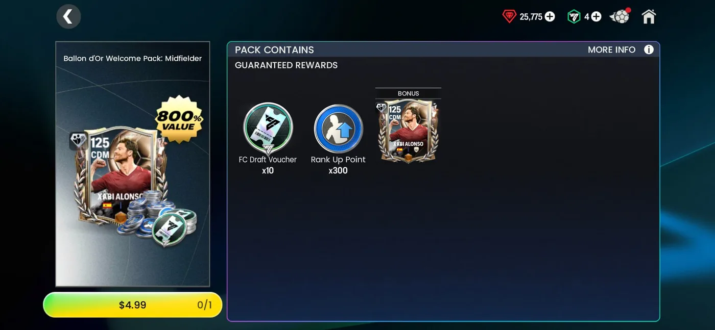 محتویات Ballon d'Or Welcome Pack Midfielder اف سی موبایل: ۱۰ ووچر درفت و ۳۰۰ رنک آپ