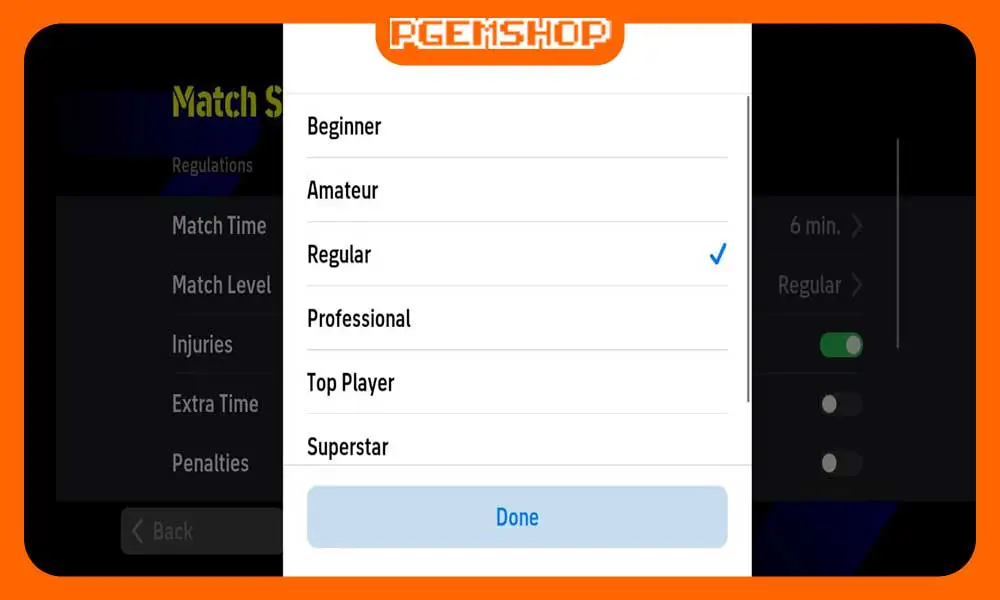 انتخاب Match Level برای افزایس سطح سختی بازی